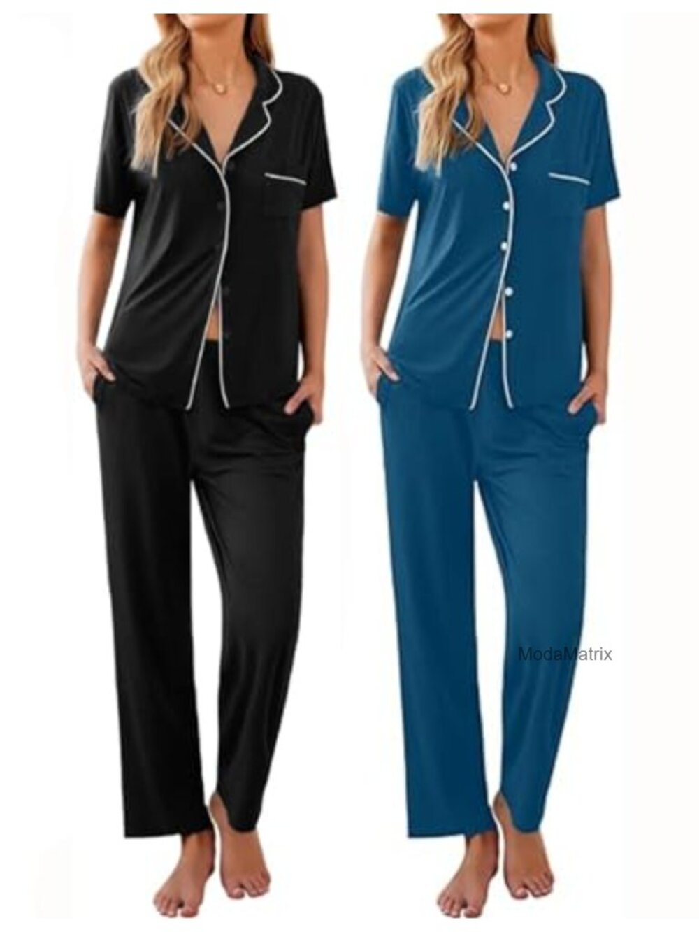 2 Pack Women's Pajama Sets Short Sleeve Button Up Sleepwear